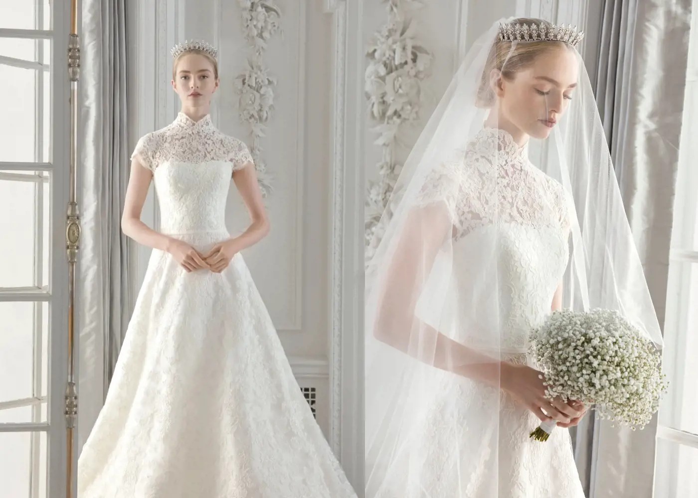 Model wearing a white wedding gown
